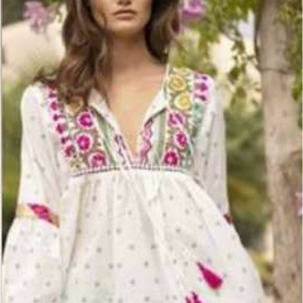 Miss June Paris Colorful Boho Peasant Tassle Embroidered Top Cottage Cotton